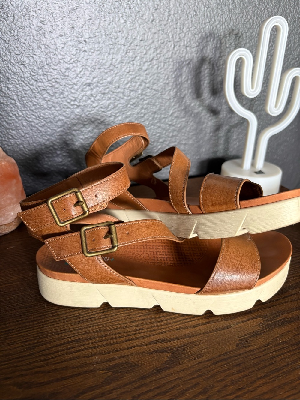 Women's Tan Leather Platform Sandals with Buckle Straps